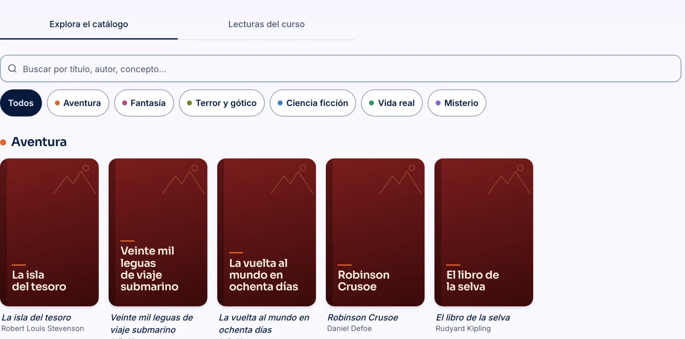 Catálogo de lecturas del alumno, con buscador, filtros por territorio y portadas de libros en estantes.