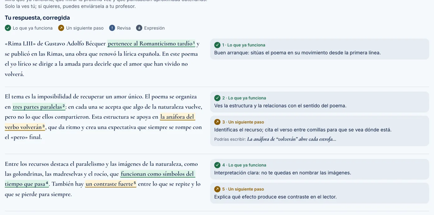 Pantalla de Andarela con un comentario de texto sobre la «Rima LIII» de Bécquer: frases marcadas y, a la derecha, notas numeradas de la IA como «Lo que ya funciona» o «Un siguiente paso».