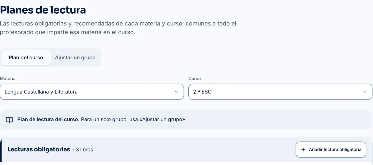 Planes de lectura de 2.º de ESO, con las lecturas obligatorias y botones para pasarlas a recomendadas o quitarlas del plan.