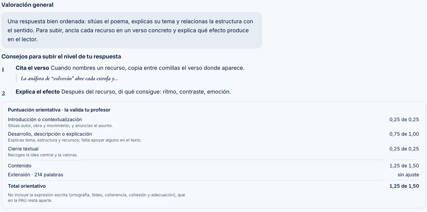 Valoración general, consejos para subir el nivel de la respuesta y tabla de puntuación orientativa por criterio, con la indicación «la valida tu profesor».