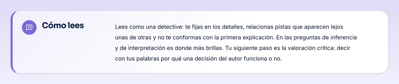 Tarjeta «Cómo lees» del perfil del alumno: una devolución escrita sobre cómo lee y cuál es su siguiente paso.